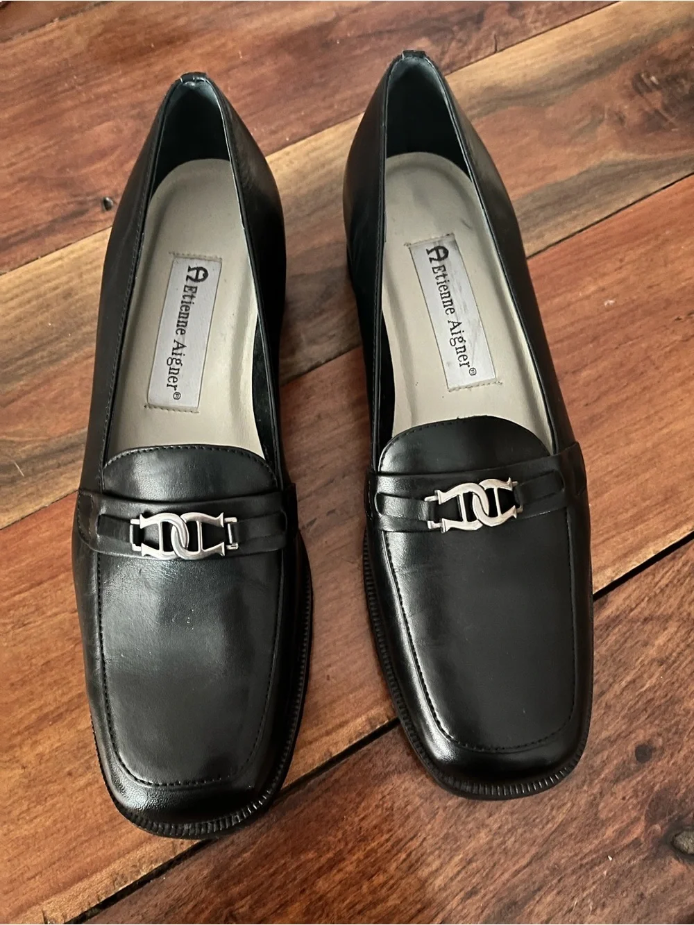 Etienne Aigner Black Leather Loafers with Silver Hardware